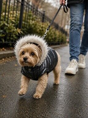 Kenneth Cole Shiny Black Quilted Dog Coat with Faux Fur Hood